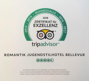 Das Romantik Jugendstilhotel Bellevue wurde auch in 2018 mit dem Zertifikat für Exzellenz ausgezeichnet und tritt somit der Ruhmeshalle bei
